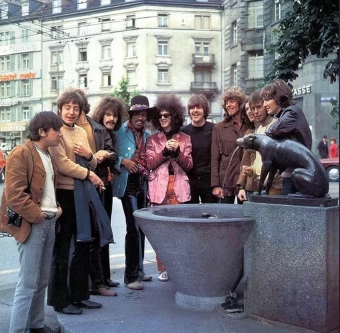 Eric Burdon, Stu Leathwood, Keith Ellis, Roy Wood, Jimi Hendrix, Noel Redding, Carl Wayne, John Mayall, Steve Winwood, Trevor Burton and Roy Morris hanging out in Zurich, Switzerland