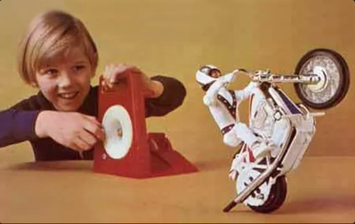 Who remembers this Evel Knievel Stunt Cycle and accessories from 1974! And who still has theirs?